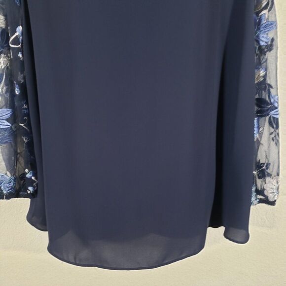 Cato Top XL Navy Blue Sheer Sleeves Floral Embroidered Fairy Office Romantic - Picture 3 of 9